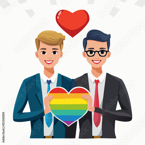 Two smiling people in suits holding a rainbow heart symbol, celebrating love and inclusivity during Pride Month, showcasing vibrant colors and joyful expressions