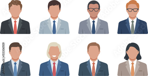 Illustration of eight business people avatars in suits and ties on a white background view from front