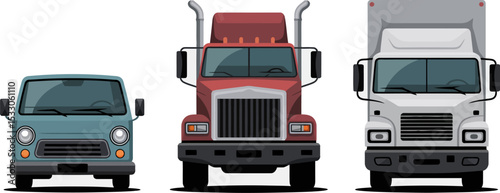 Three trucks of different sizes and colors are positioned side by side on a white background