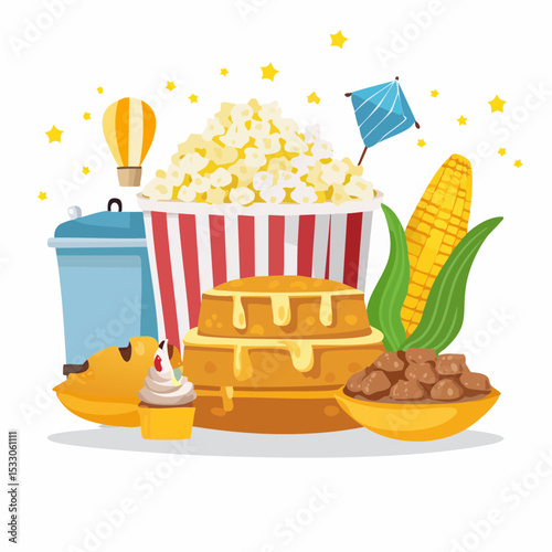 Colorful display of traditional Festa Junina food featuring corn cake, popcorn, sweet corn, and festive decorations, celebrating Brazilian culture and culinary delights in July