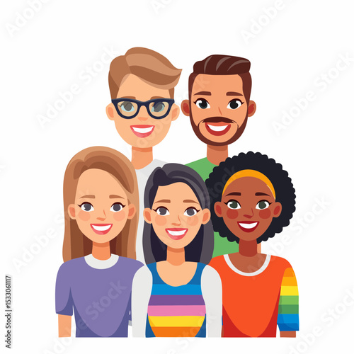 Group of diverse individuals smiling together, showcasing vibrant rainbow paint and accessories, celebrating Pride Month with joy and unity in a colorful atmosphere