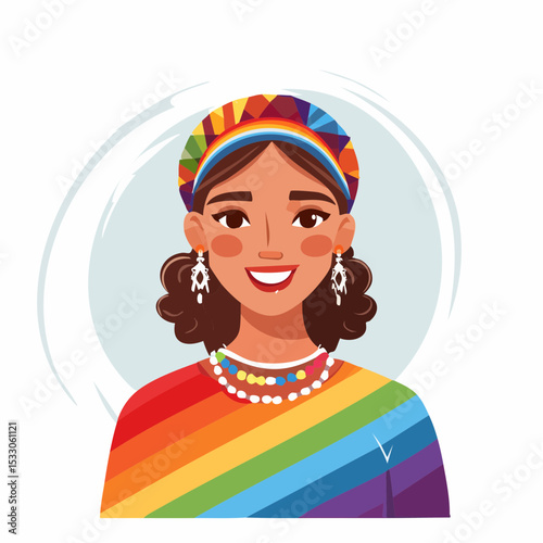 Portrait of a smiling Hispanic woman with rainbow face paint and colorful accessories, celebrating Pride Month, showcasing vibrant colors and joyful expression in a festive atmosphere