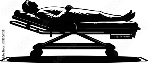 Silhouette of a man lying on a hospital gurney labeled emergency room in black and white art