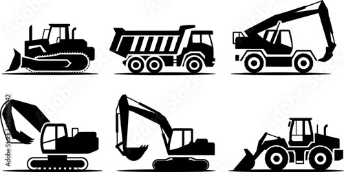 A collection of six black and white construction vehicle silhouettes on a white background