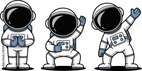 Three cartoon astronauts in white suits striking different poses against a white background