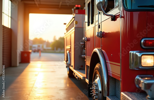 Close-up of red fire truck parked in fire station. Sunlight illuminates side of vehicle. Detailed shot of emergency services transport. Preparedness, rescue, and community safety concept.