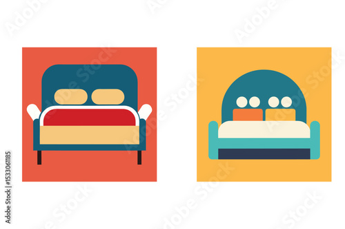 Two colorful illustrations of different style beds for hotel or home use