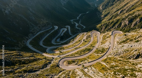 Aerial view of scenic winding mountain road pass landscape for travel and tourism photography