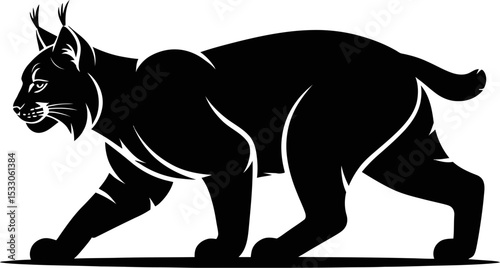 A stylized black lynx with tufted ears walking on a white background in a side profile view