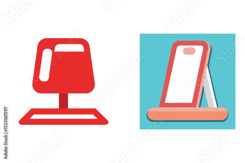 Simple illustration of a red desk lamp and a mobile phone holder with a blue background