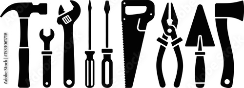 A black and white illustration of various hand tools arranged in a horizontal composition view