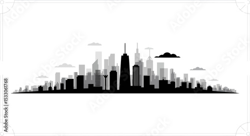 Silhouette illustration of a city skyline with skyscrapers and clouds on a white background