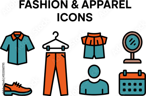 Illustration of fashion and apparel icons including clothing items and accessories shown together