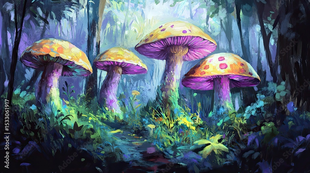 Fototapeta premium Colorful mushrooms in a mystical forest