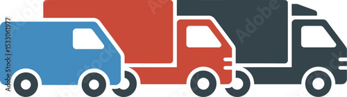 A blue van a red truck and a black truck parked in a row on a white background illustration