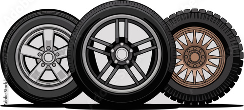 Three tires with different rims are positioned closely together on a plain background surface