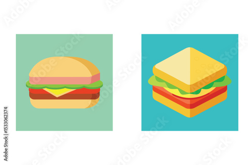 Isometric illustration of a hamburger and sandwich depicting classic american fast food