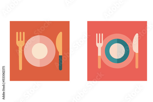 Flat illustration of place setting with fork knife and plate in a geometric style