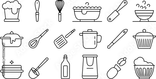 A seamless pattern of various kitchen utensils and cooking tools in outline style on white background