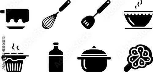 Illustration of kitchen utensils and food items including a towel, whisk, and spatula icons