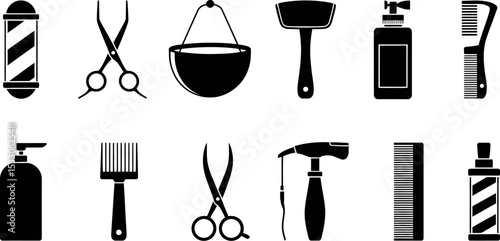 A collection of barber shop related icons including scissors combs and shaving equipment shown black