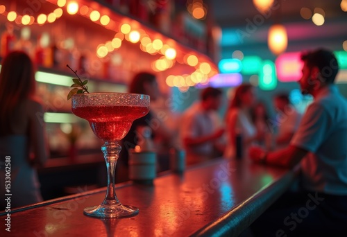 floating cocktail lively bar scene colorful lights decorative glassware, liquor, mixology, beverage, ice, vibrant, tropical, refreshment, party, ambiance