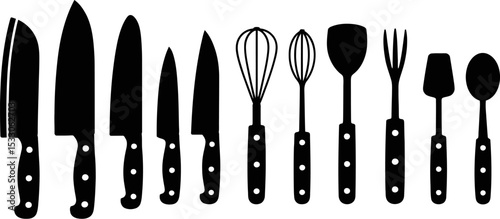 Silhouette illustration of various kitchen utensils including knives whisks and spoons aligned horizontally