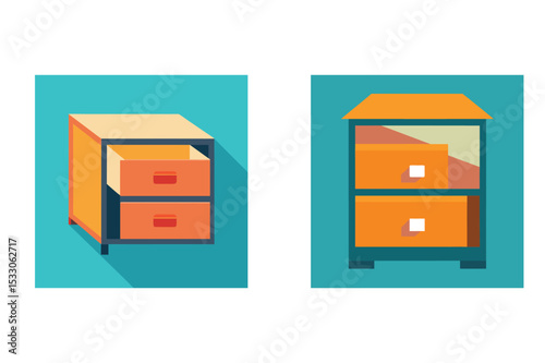 Colorful cartoon illustrations of office cabinets with drawers isolated on turquoise background