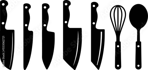 Illustration of various kitchen utensils including knives whisk and spoon in black silhouette