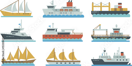 Illustration showcasing nine distinct types of ships and boats on water against a white background