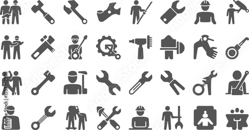 Collection of various gray icons depicting tools people and construction related symbols on white