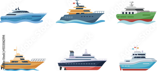 Illustration of six different yachts and boats sailing on water with white background view
