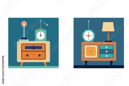 Vector illustration of retro bedroom furniture including bedside tables and classic decor