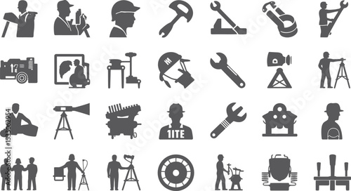 A collection of various industry and engineering related icons in silhouette against white backdrop