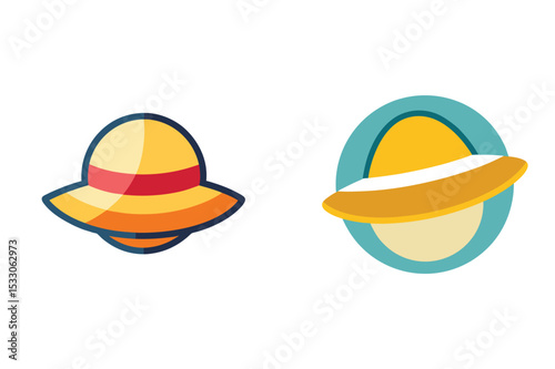 Colorful cartoon illustrations of two stylish sun hats perfect for summer beach fun and vacation.