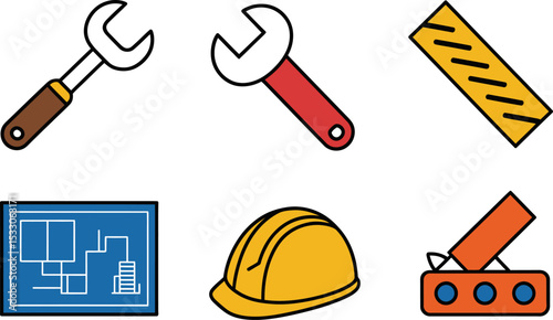 Illustration of construction tools including wrenches, blueprint, level, and hard hat
