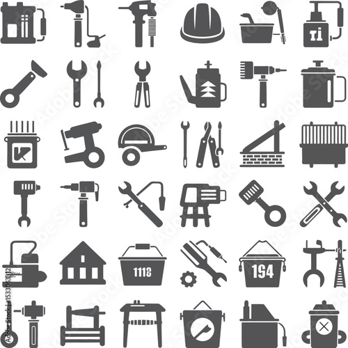 A collection of various tools and equipment silhouettes arranged in a uniform grid pattern