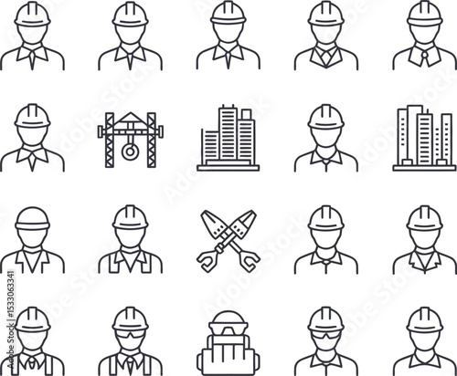 A collection of construction related icons including workers, buildings, and tools in outline style