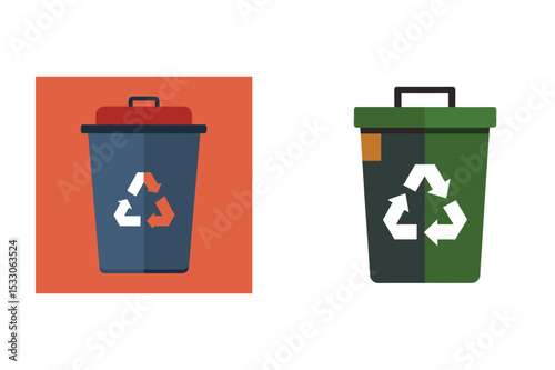 Flat design illustrations of recycling bins with recycling symbols demonstrating waste management