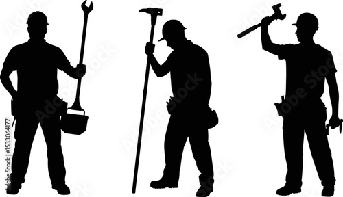 Three silhouette construction workers with tools on a white background in different poses