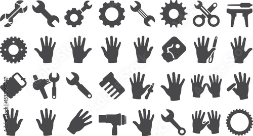 A collection of various black silhouette icons including tools hands and mechanical parts scattered about