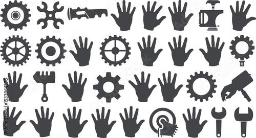 A collection of black and white icons featuring hands gears wrenches and other mechanical tools