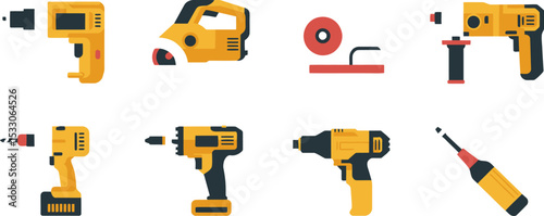 Illustration of various yellow and black power tools including drills and saws on white background