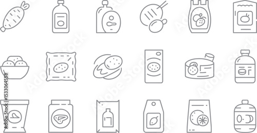 A collection of outline icons representing various food products and packaged goods on white background