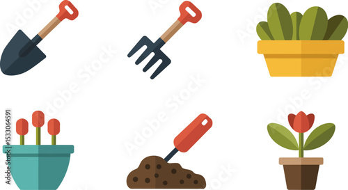 Illustration of gardening tools including a shovel, fork, and potted plants on white background