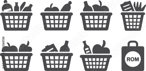 Eight icons depicting baskets and a bag filled with various items on a white background