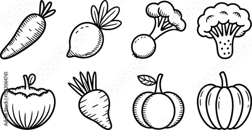 A simple black and white line drawing of eight different vegetables in a grid pattern format