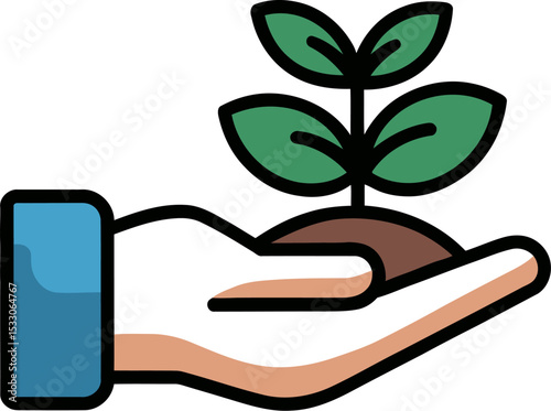 Illustration of a hand holding a small plant with green leaves and brown soil on light green