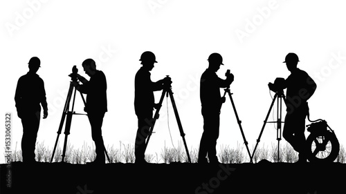 Silhouette of surveyors using surveying equipment on a field against a white background