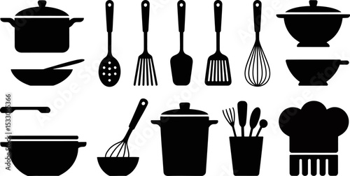 A black and white illustration of various kitchen utensils and cookware on a white background
